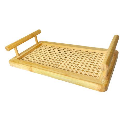 Bandeja Decorativa Retangular Bambu e Palhinha com Alça 35x20cm
