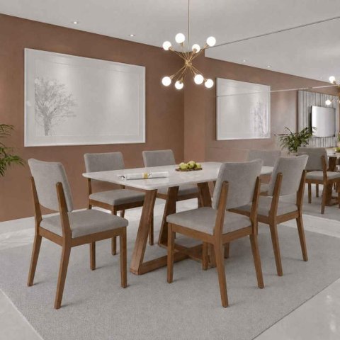 Conjunto de Jantar Mesa com Vidro Avena 6 Cadeiras New Ella - Linho Mescla Cinza