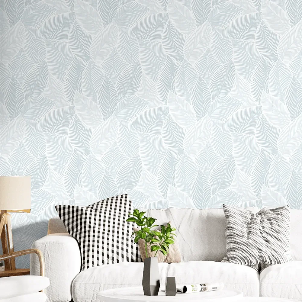 Papel de Parede Adesivo Texturizado Folhas Celeste Lavável Fosco 3m