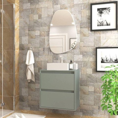 Gabinete para Banheiro com Cuba e Espelheira Organica 60cm Mdf Verde Dubai - On Móveis