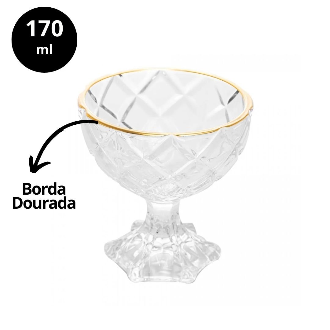 Jogo 6 Taças de Sobremesa Vidro Deli Diamond Fio de Ouro 170ml - Lyor - 2