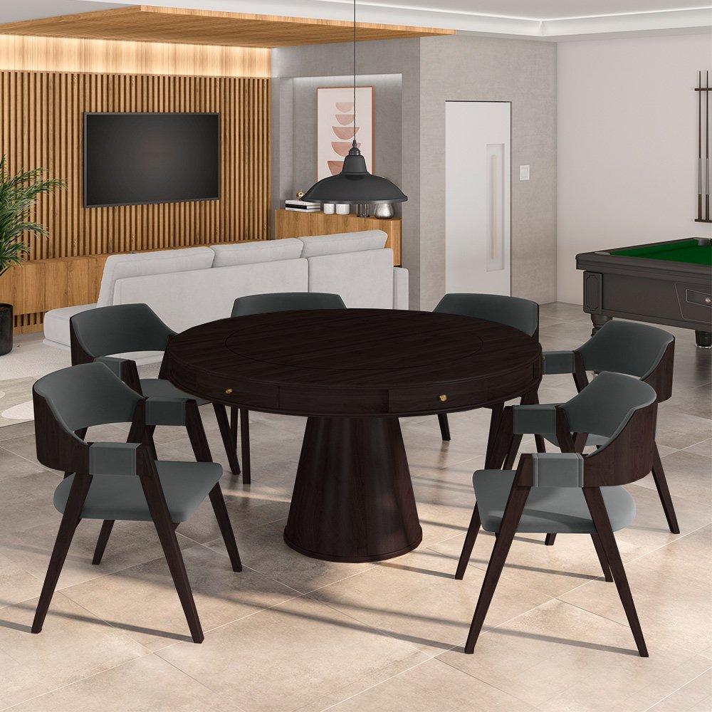Conjunto Mesa de Jogos Carteado Bellagio Tampo Reversível e 6 Cadeiras Madeira Poker Base Cone Velud - 6