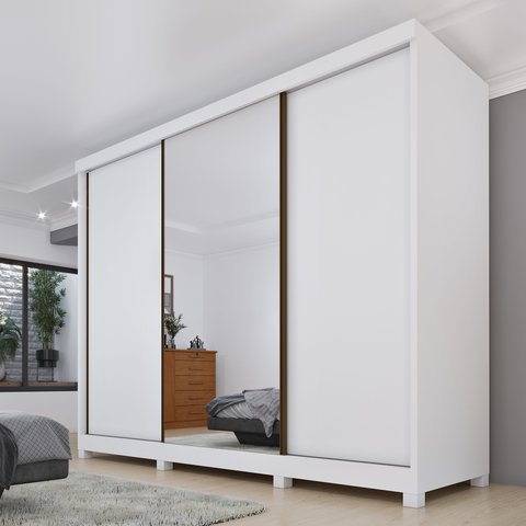 Guarda Roupa com Espelho e Pés 3 Portas 240cm Somalia Yescasa Branco/Neve