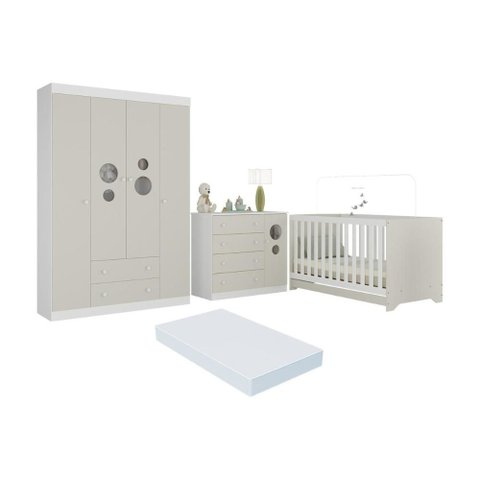 Quarto de Bebê Completo Berço Americano 3 em 1 Colchão Pirulito Multimóveis Mp4629 Branco/off