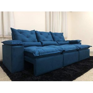 Sofá Retrátil Reclinável 2,70m Azul Veludo Diviminas