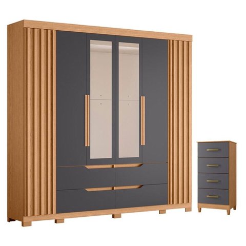 Guarda Roupa Casal Doble com Espelho 06 Portas e Cômoda Mobi Freijo Titanium - Móveis Albatroz