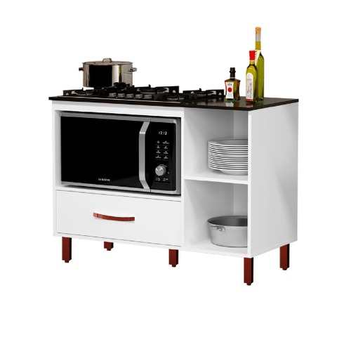 Balcão Armário de Cozinha Cooktop 5 Bocas com Nicho pra Micro-ondas e Gaveta em Mdp Córdoba:branco