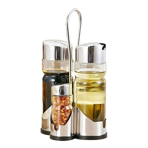 Galheteiro de Vidro 4 Pçs com Suporte Metal - Azeite Vinagre Sal Pimenta Tempero - 4 Pçs - Panami