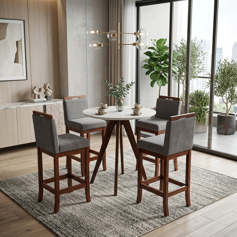 Mesa Bistrô Alta com 4 Banquetas Altas Londres Cinza/Pinhao