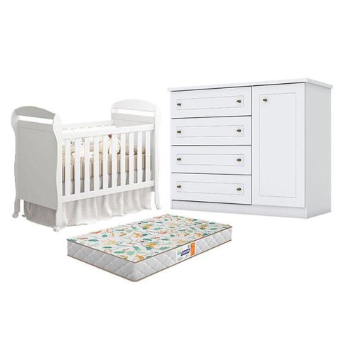 Berço Americano Danny Branco Acetinado Reller e Cômoda Infantil Americano Branco Hp e Colchão