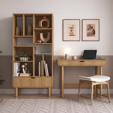 Estante Livreiro Home Office e Mesa Escrivaninha Orgânica Nordic A03 Hanover Roble - Lyam Decor