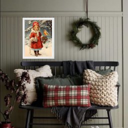 Quadro de Natal Menina com Passarinho 33x24cm:moldura Preta - 2