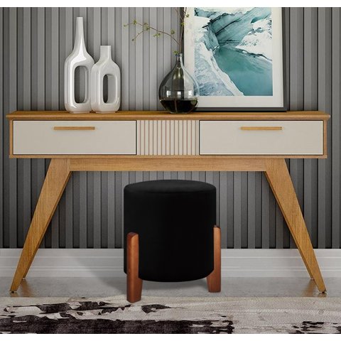 Puff Redondo Luxo Pés em Madeira Luna Veludo Moderno Conforto Penteadeira Cor Preto