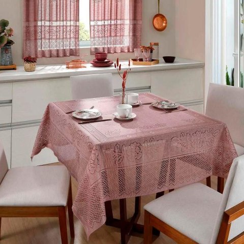 Toalha de Mesa Renda Color 4 Lugares 100% Poliéster 150m x 150m Rose Interlar