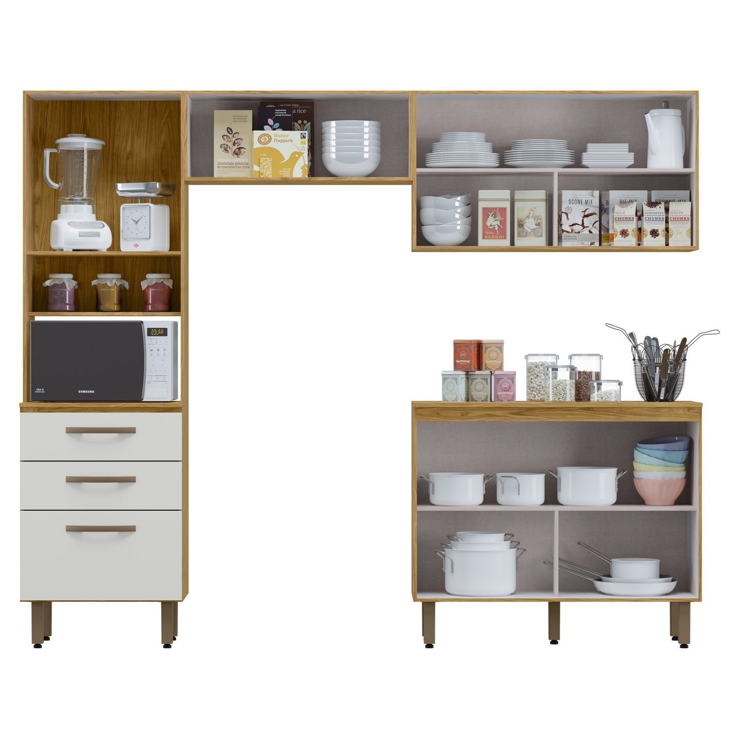 Cozinha Compacta 4 Peças Balcão com Tampo 3 Portas de Vidro Lana Espresso Móveis - 2