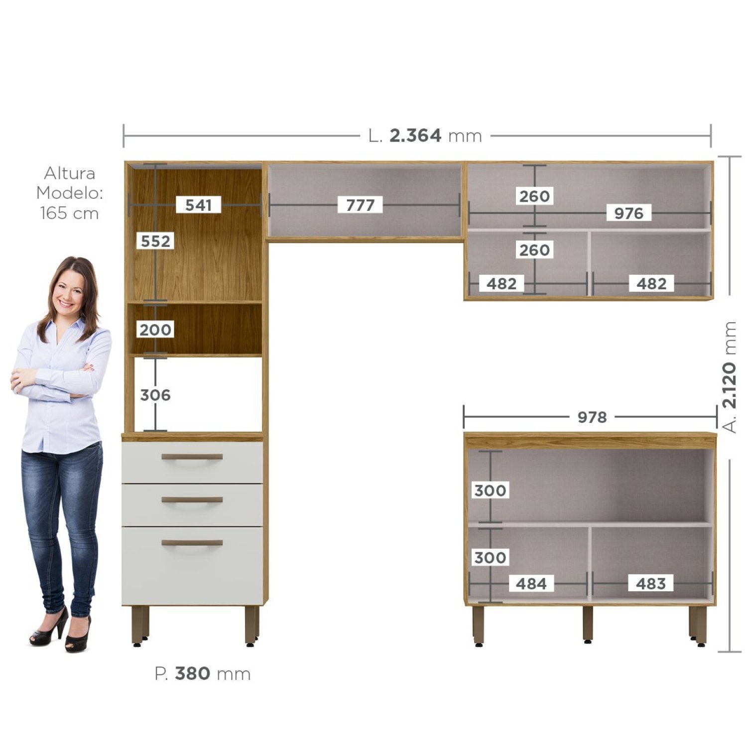 Cozinha Compacta 4 Peças Balcão com Tampo 3 Portas de Vidro Lana Espresso Móveis - 3