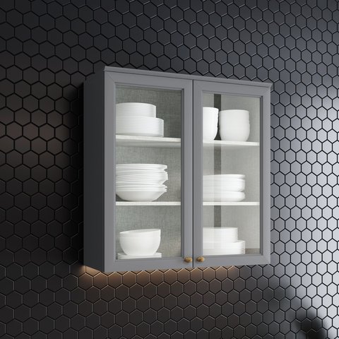 Armário Aéreo 80cm 100% MDF 02 Portas com Vidro Temperado Cinza Americana 