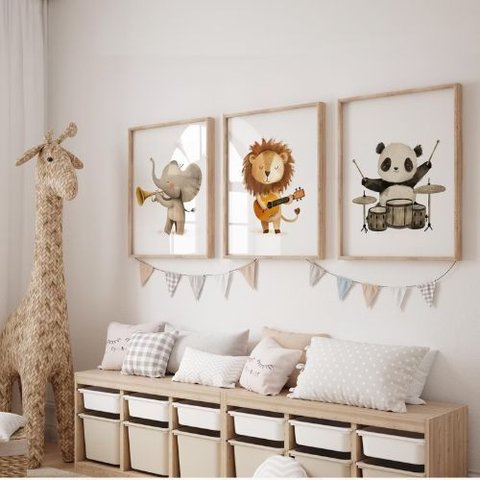 Kit 3 Quadros Decorativos Infantil | Safari - Instrumentos NO2 - 30x40 - Moldura Madeira