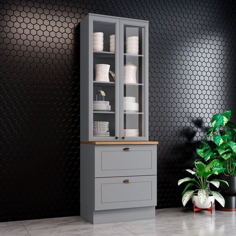 Cristaleira 100% MDF 02 Portas com Vidro Temperado e 02 Gavetas Cinza/Nature Americana