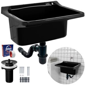 Tanque de Plástico 34l para Lavanderia Preto + Sifão Copo Universal Sanfonado + Fita Veda Rosca