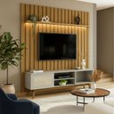 Ver imagem 1 de Rack Painel Ripado Retrô com LED MDF 177cmx218cm Pés em Madeira Maciça London 70” Panamá Porta Deslizante Marrom Off White Bege Acetinado/Cedro Freijó