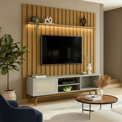 Rack Painel Ripado Retrô com LED MDF 177cmx218cm Pés em Madeira Maciça London 70” Panamá Porta Deslizante Marrom Off White Bege Acetinado/Cedro Freijó