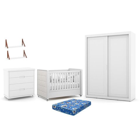 Dormitório Tutto 2 Portas, Cômoda, Berço Branco Soft com Capitonê, Colchão Physical e