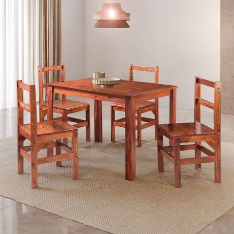 Conjunto Sala de Jantar 1 Mesa Tampo Madeira Maciça Quadrado 4 Cadeiras Marrom/Mogano