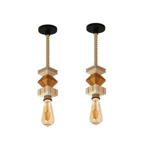 2 Pendentes Verticais de Madeira Corda Jaspe com Lâmpada 4w