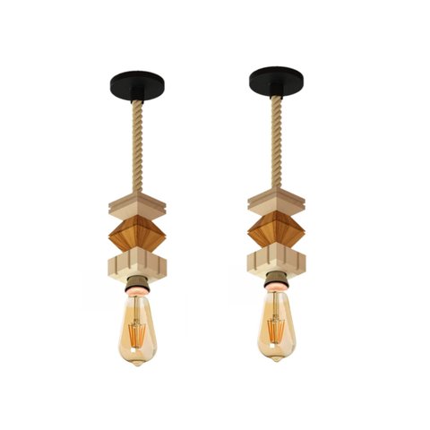 2 Pendentes Verticais de Madeira Corda Jaspe com Lâmpada 4w