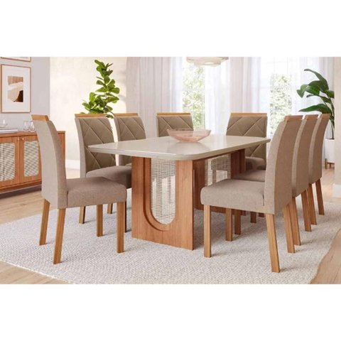 Conjunto: Mesa Sala Jantar Valentina Tampo Madeirado C/ Vidro 210x100cm e 8 Cadeiras Fernanda