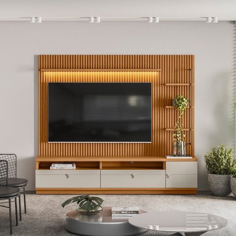 Rack com Painel Ripado para TV até 75 Polegadas com LED MDF 224CMX198CM 1 Porta 2 Gavetas Ouro Preto Marrom