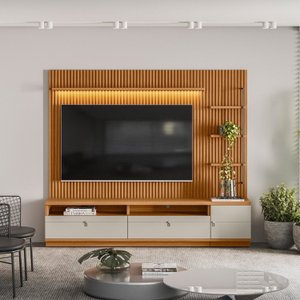 Rack com Painel para TV até 75 Polegadas com Ripado e LED 1 Porta 2 Gavetas Ouro Preto