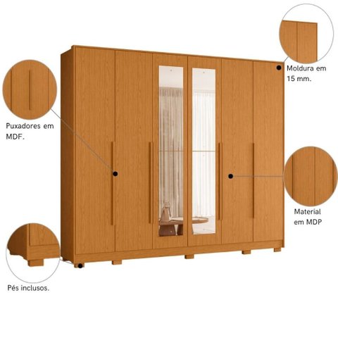 Armário de Quarto 6 Portas com Espelho Organizador