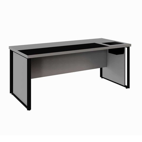 Mesa de Escritório Diretor com Caixa de Tomadas e Porta Objetos 180cm Corporate Cinza Sagrado e Preto