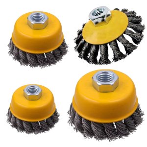 Escova de Aço Cônica Circular Trançada Torcida 100mm + Conjunto Escovas de Aço Tipo Copo 64mm, 75mm 