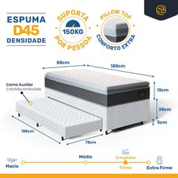 Cama Box com Colchao de Espuma D45 Pillow Top Fort Comfort + Auxiliar de Espuma Unique Solteiro 88cm - 3