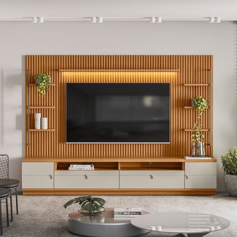 Rack com Painel para TV até 75 Polegadas Ripado com LED MDF Marrom 198x268cm Ouro Preto