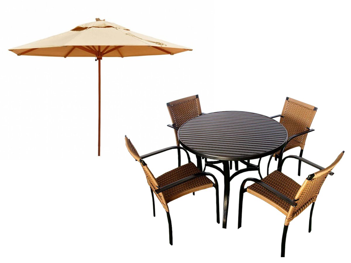 Kit 4 Cadeiras e Mesa com Tampo Ripado em Alumínio e Ombrelone para Piscina, Jardim, Edícula, Á - Av - 1