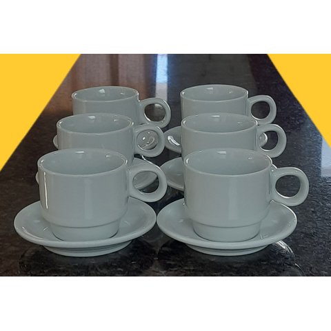 Jogo 6 Xícaras de Café e Chá com Pires - 150ml Empilháveis - Kit Porcelana Branca