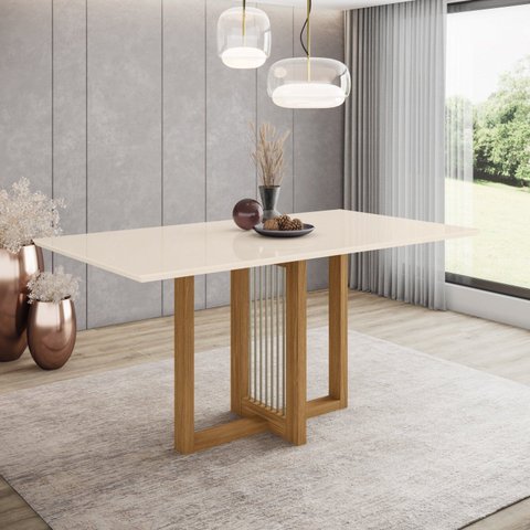 Mesa de Jantar 6 Lugares 160cm Tampo em MDF Canto Reto Natalí Marrom/Nature/Off White