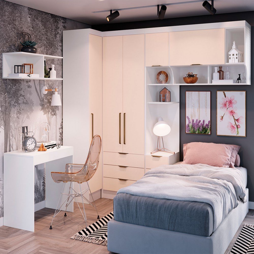 Quarto Completo Solteiro com Escrivaninha Infinity 6 Portas 5 Gavetas Branco/blush - Móveis Castro Menor preço em Quarto Completo Solteiro com Escrivaninha Infinity 6 Portas 5 Gavetas Branco/blush - Móveis Castro