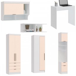 Quarto Completo Solteiro com Escrivaninha Infinity 6 Portas 5 Gavetas Branco/blush - Móveis Castro - 2 Quarto Completo Solteiro com Escrivaninha Infinity 6 Portas 5 Gavetas Branco/blush - Móveis Castro - 2