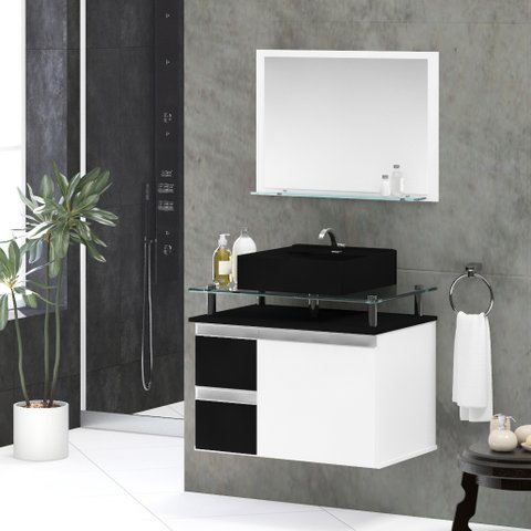 Conjunto Gabinete Banheiro Diamante 60cm Mdf + Espelheira + Cuba