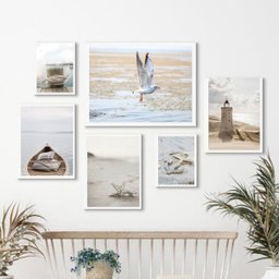 Composição 6 Quadros Neutros Praia- Branco e Bege - com Vidro:madeira Preta - 1