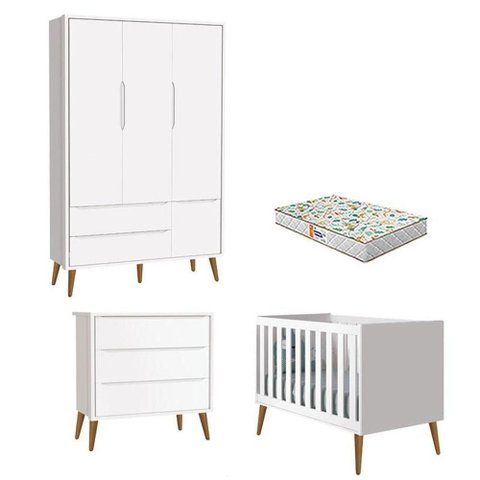Quarto de Bebê 3 Portas e Cômoda Gaveteiro Theo Branco Pés Amadeirados com Colchão Gazin ?