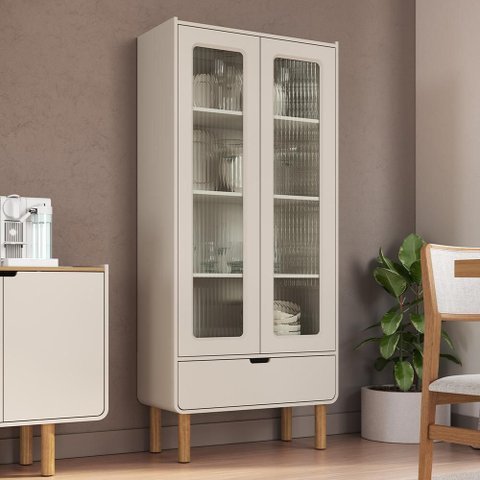 Cristaleira para Sala de Jantar 2 Portas Vidro 1 Gaveta Nordic A03 Off White Roble - Lyam Decor