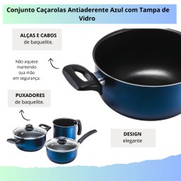 Jogo de Panelas Antiaderente 4 Peças Azul Tampa de Vidro - 4