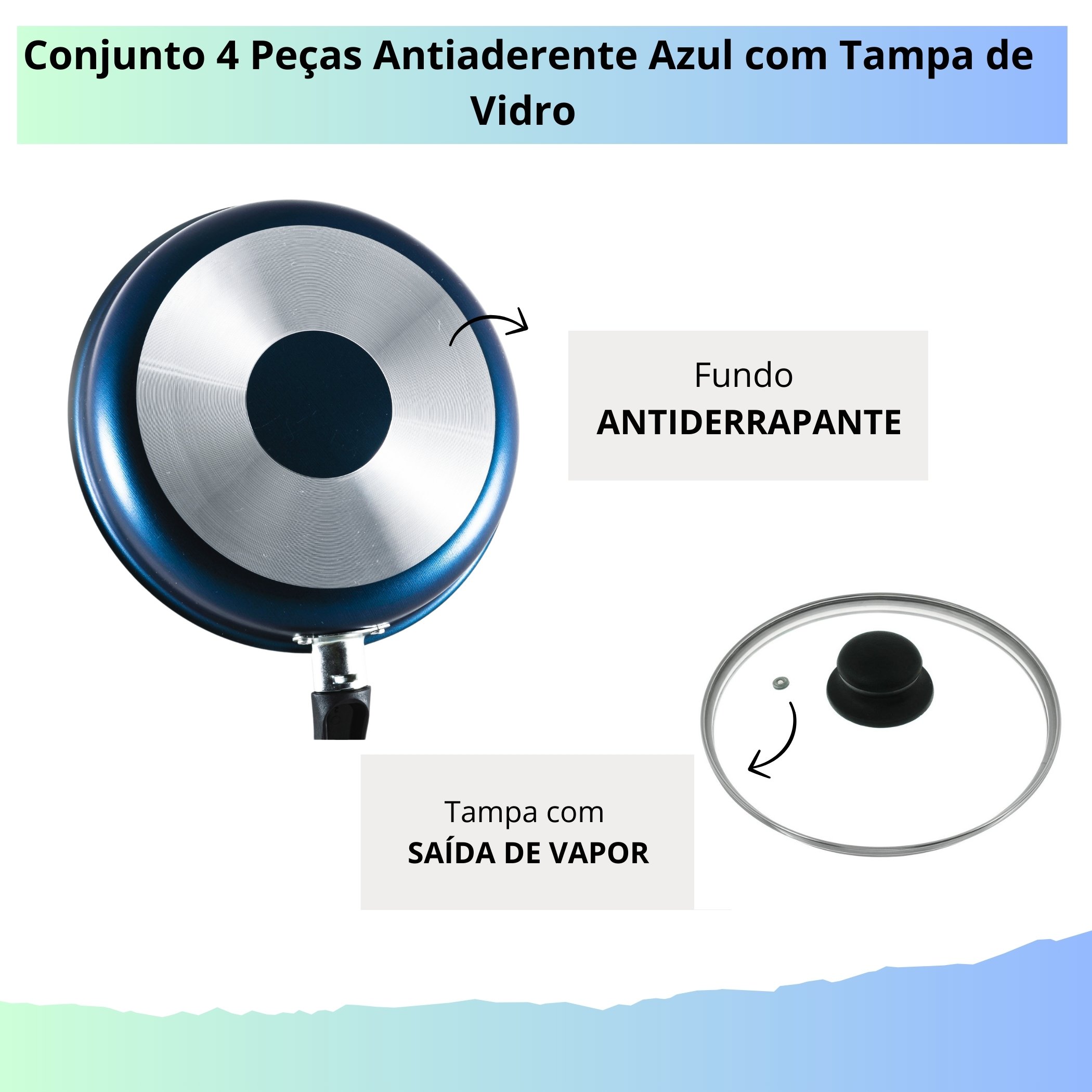 Jogo de Panelas Antiaderente 4 Peças Azul Tampa de Vidro - 5