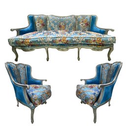 Namoradeira Sofá de 3 Lugares com Par de Poltrona Azul Florido - 1